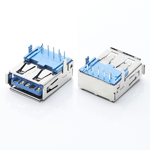 USB 3.0母座 A母90度板上卷邊直腳插板 藍膠